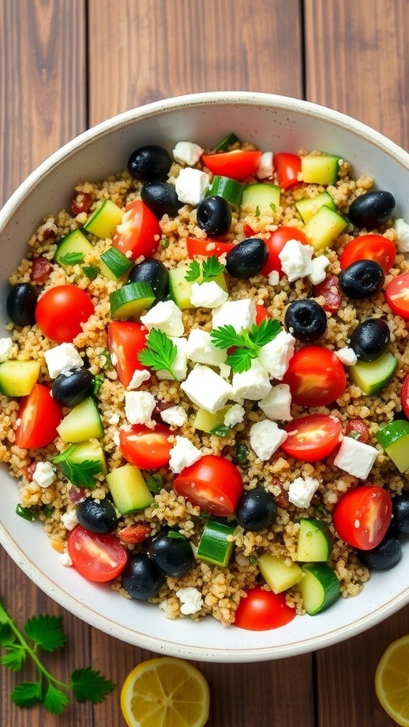 A colorful Mediterranean quinoa salad with tomatoes, cucumbers, olives, and feta cheese in a bowl on a wooden table.